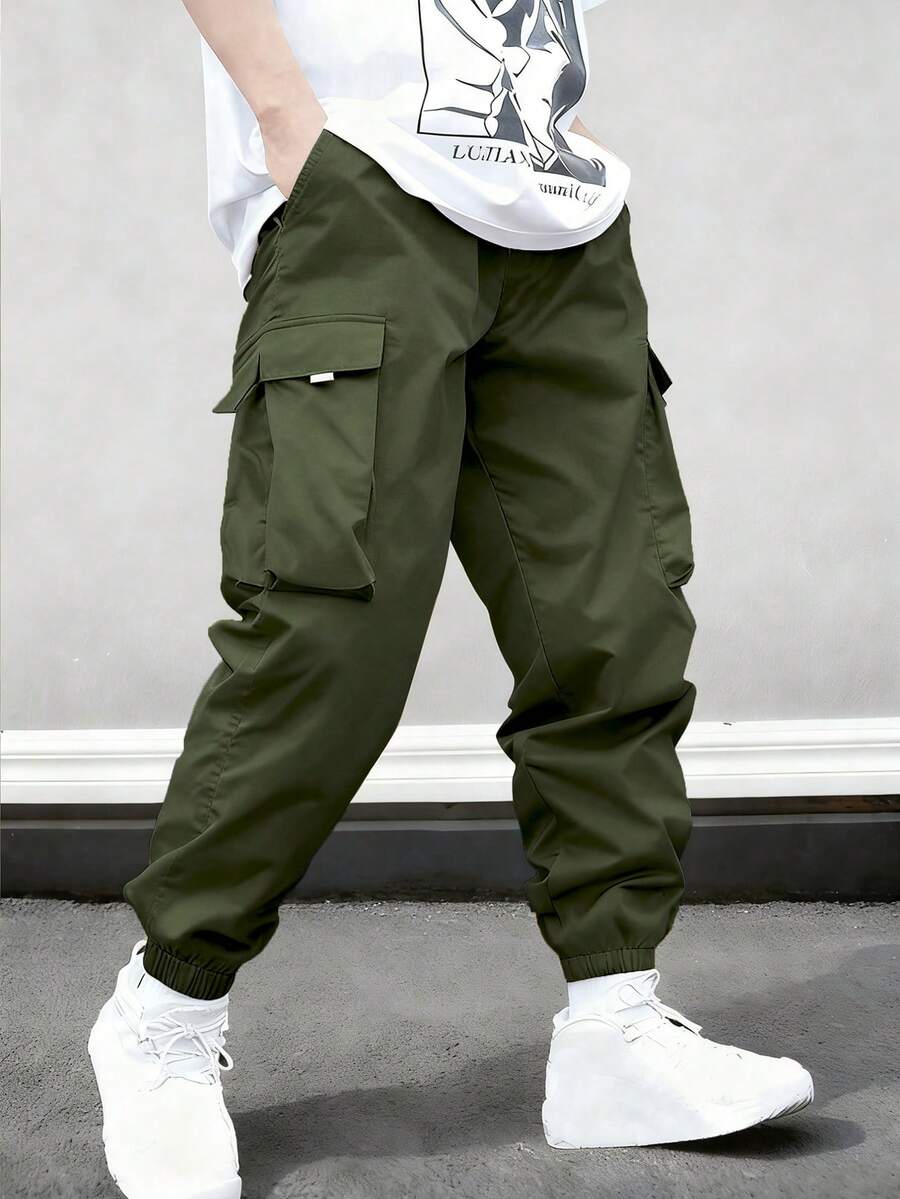 Tween Boys' Military Green Multi-Pocket Cargo Pants, Breathable Casual Long Trousers, Versatile For Street, School All Seasons - Army Green - View 1