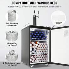 Beer Kegerator, Dispensador de cerveza de barril de doble grifo, Refrigerador de barril de tamaño completo con estantes, Cilindro de CO2, Bandeja de goteo y riel, Control de temperatura de 32 °F- 50 °F, Capacidad para 1/6, 1/4, 1/2 barriles, Negro - 32 °F - 50 °F - Ver 4