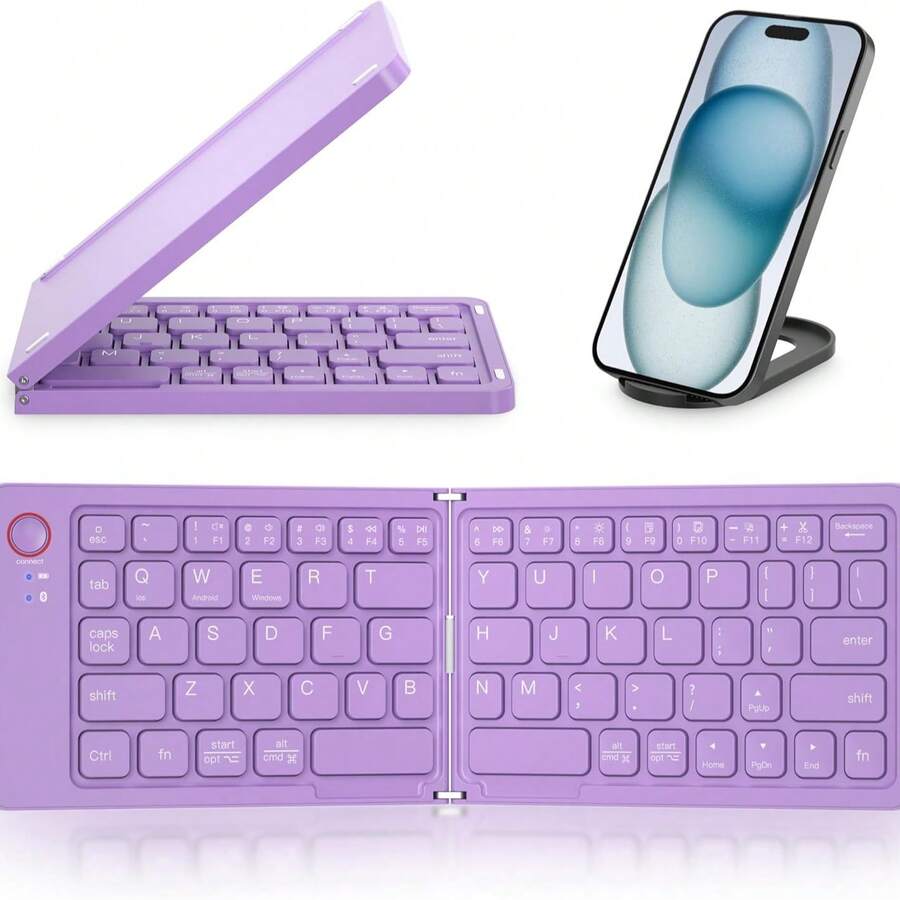 Dual Folding Wireless Keyboard, Magnetic And Smooth Folding, Slim And Compact, Compatible With Multiple Systems And Devices, With Ultra Long Battery Life, Foldable Keyboard, Wireless Keyboard For Phone, Foldable Keyboard And Mouse - 紫色 - 查看 1