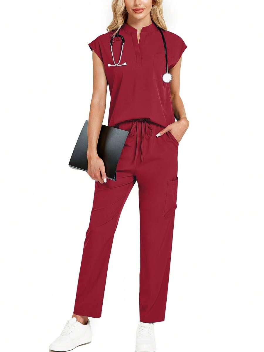Set de 2 piezas de ropa de estar en casa de primavera con top de cuello alto y mangas cortas de unicolor y pantalones largos
