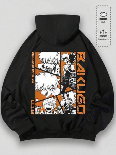 2025 Fall Fashion Sweatshirt Men's Hoodie, Retro, M Y Hero Academia Bakugo Themed, Graphic Print, Pattern, Loose Fit, Long Sleeved,Hoodie - Comfortable Casual Pullover With Eye-Catching Design, Hooded Sweatshirt For Fall/Winter, Complete With Handy Pocket With Pockets, Autumn/Winter