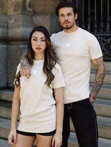 Slim Fit Ribbed Rubber Triangle T-Shirt, White, American Style, Streetwear, Body-Hugging. - 奶油色 - 查看 3