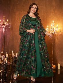 UNITHORSE Plus Women's Round Neck Batwing Sleeve Sequin Patchwork Mesh Embroidered Belt 2 Pieces Turkish Robe - Dark Green - View 6