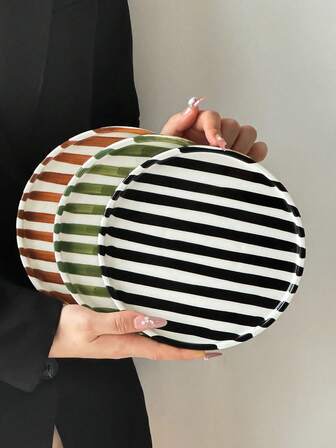 1pc/2pcs Classic Retro Ceramic Striped Plate, European Simple Vertical Striped Large Capacity Western Plate, Suitable For Photography Shooting, Afternoon Tea Snacks And Desserts, Party Gathering Snack Plate, Bedroom Jewelry Storage Plate, Ramadan, New Year Plate, Gift, Tray