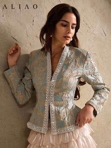 A&A Romantic 3D Jacquard Embossed White Pearl Decorated Collar Cinching Waist Long-Sleeved Coat, Court Style, Elegant, Suitable For Commuting, Vacation, Romantic And Wedding Season, Fall & Winter Outfit - Green - View 8