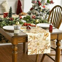 1pc Gold Flower Print Table Runner, Christmas Holiday Decor, Dining Party Accessory, Farmhouse Tabletop Decor, Suitable For Kitchen Table, Coffee Table, Cabinet, Party, Wedding, Holiday Decoration - Gold - View 3