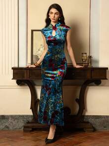 Faeriesty Elegant New Chinese-Style Women's Cheongsam Dress: Featuring Petite Mandarin Collar, Cap Sleeves & Stylish Side Slits For Galas, Weddings, High-End Business Galas, Charity Balls, And Formal Receptions - Blue - View 3