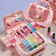 儿童女孩化妆套装带手提包：真实、可洗化妆玩具礼物，适合幼儿 - 适合 3、4、5、6、7、8、9、10 岁（随机色块和位置）