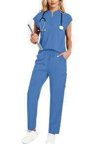 2pcs/Set Solid Color Notched Neck Top And Pants Hospital Uniform Scrub Set - Dusty Blue - View 7