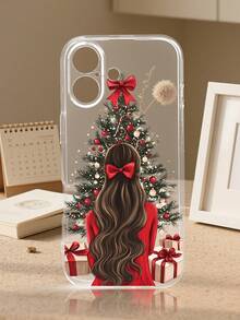 Funda de teléfono con diseño de chica frente al árbol de Navidad en estilo artístico, estampado navideño con vestido rojo, lazo en el cabello y árbol decorado con bolas y regalos, ambiente festivo y acogedor ideal para Navidad y celebraciones, estilo elegante y romántico, funda transparente, resistente a golpes, alta transparencia, compatible con iPhone17/16/15/14/13/12/11/Plus/Pro/ProMax, compatible con Galaxy A34/A35/A54/A55, Galaxy S20/S21/S22/S23/S24/S25 Ultra/Plus, compatible con Moto/Galaxy/Redmi/Honor/OPPO - transparente - Ver 4