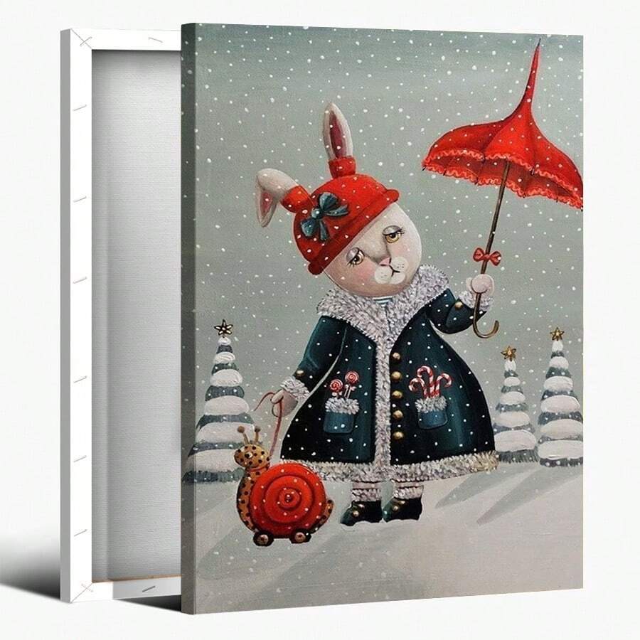 1pc, 2D Flat Printing, Rabbit In Winter Coat With Red Umbrella And Snail In Snow, Canvas Wall Art For Living Room Wall Decor For Bedroom Bathroom Framed Wall Poster Art Prints Ready To Hang Pictures Home Decorations - Nhiều màu - Xem 1