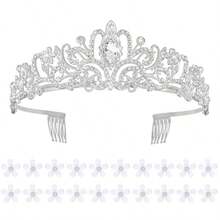 Sparkling Silver Crown Tiara For Women With 20 Mini White Flower Hair Clips Elegant Bridal Wedding Princess Party Hair Accessories Featuring Rhinestone Queen Crown For Formal Events And Special Occasions - 如圖 - 查看 1
