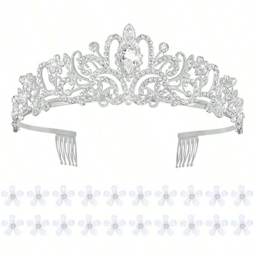 Sparkling Silver Crown Tiara For Women With 20 Mini White Flower Hair Clips Elegant Bridal Wedding Princess Party Hair Accessories Featuring Rhinestone Queen Crown For Formal Events And Special Occasions - 如圖 - 查看 1