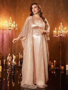 UNITHORSE Plus Size Women's Round Neck Batwing Sleeve Belted Long Luxury Beaded Lace Embroidered Robe Two Pieces Turkish Abaya Dress Spring - Champagne - View 3