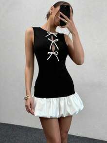 Women's Colorblock Knit Bowknot Hollow Back Sleeveless Dress, Suitable For Vacation, Evening Date, Birthday Party, Summer Elegant Dress - Black - View 5