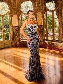 无袖露肩长款鱼尾裙，饰以精致亮片，露背设计，针织面料，适合优雅派对。 - 藏蓝色 - 查看 9