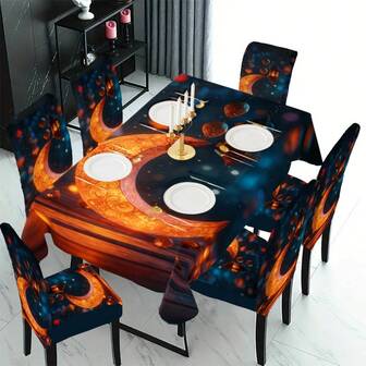 1/4/5/6/7pcs Middle Eastern Festival Series Hollow Lantern Hanging Decor, Patterned Illuminated Crescent Moon Chair Cover/Slipcover Set, Suitable For Indoor Home, Restaurant, Hotel, Ideal For Modern Daily Decoration. Tablecloth Fits Square Dining Table, Elastic Chair Cover Is Washable.
