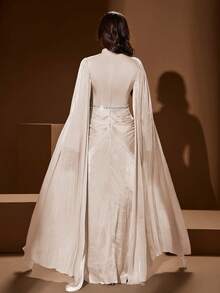 Women's Solid Color Stand Collar Elegant Long Dress, Waist Beaded & Ruched Design, Soft Flowy Long Sleeve, Suitable For Parties, Banquets, Formal Occasions Wedding Spring Party - Apricot - View 2