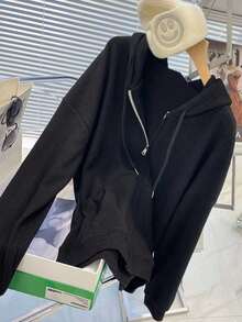 Sudadera con capucha y tejido de gofre para mujer con cordón en la cintura. Oversize pero favorecedora, diseño exclusivo y estético. Chaqueta de primavera/verano para mujer. Cárdigan con cremallera. - Negro - Ver 2