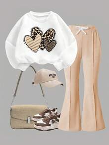 Heart Print Round Neck Sweatshirt And Flare Pants Set For Young Girls - White - View 2