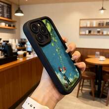 Cubierta de teléfono con borde negro diseño ilustración niña regando planta cielo azul y hojas verdes para uso diario en cafeterías y espacios urbanos Aplicable a los teléfonos de la serie Apple y Galaxy - Negro - Ver 6