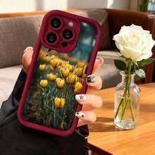 Cubierta de telefono con borde negro para iPhone con estampado de tulipanes amarillos en campo floral diseño elegante para uso diario y estilo urbano - Café integral - Ver 5