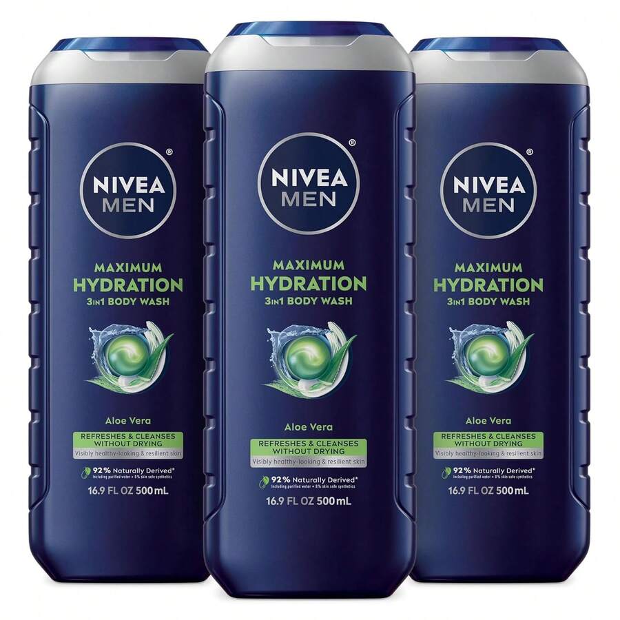 NIVEA Men Maximum Hydration Body Wash For Dry Skin, Aloe Vera Enriched, 3-In-1 Moisturizing Body Wash, Face And Hair, Paraben Free, Vegan Formula, 16.9 Fl Oz Bottle, Pack Of 3, Winter Grooming Essentials, New Year Hydration Wash - Xanh đậm - Xem 1