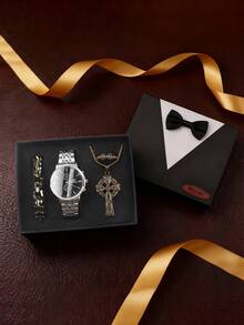 Exquisite Fashion Heavy Design Light Luxury Gold Jewelry Casual Style Gold Watch, Minority Style Necklace, Bracelet, Ring Men's Quartz Watch Jewelry Gift Box Set, Gift Box, Suitable For Birthdays, Year-End Grand Promotion, 4 Pieces/Set - Black - View 10