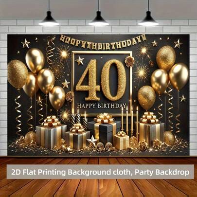 2D Flat, 1 Pc 40th Birthday Party Backdrop Banner Luxurious Gold And Black Glitter "40", With Balloons, Gifts, And Star Designs, Durable Polyester Fabric, Suitable For Indoor/Outdoor Celebrations, Photo Booth Background, Home, Garden, Studio Decor, Birthday Party Decoration, Festive Event Decor, Elegant Celebration Design, High-Quality Printing, 2D Flat