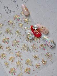 1pc Shiny Gold Explosion Firework 5D Nail Art Sticker, Dazzling Oriental Celebration Nail Decals, Luxury Holiday Nail Stickers For Women, Suitable For Short & Long Nails, Self-Adhesive Decoration