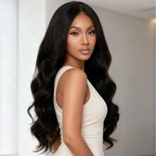 新款时尚黑色28英寸中分长卷发合成假发，适合日常佩戴 - 黑色 - 查看 10