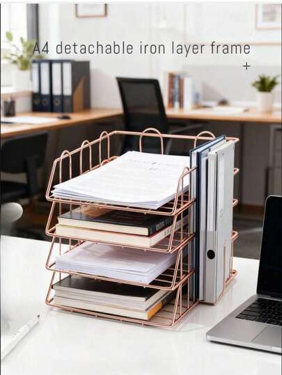 Metal A4 Paper Tray Organizer, 1/2/4pcs Stackable Rose Gold File Holder For Desk - Horizontal Document Storage Box, Mail Sorter, Letter Tray For Office, School & Home Use Back To School