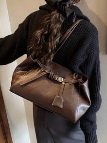 Elegante bolso tote de cuero PU para mujer, diseño vintage con hebilla de cinturón y lazo de ala, bolso de hombro de gran capacidad de moda europea y americana, adecuado para negocios casual, ir al trabajo, compras, citas, regalo - Multicolor - Ver 5