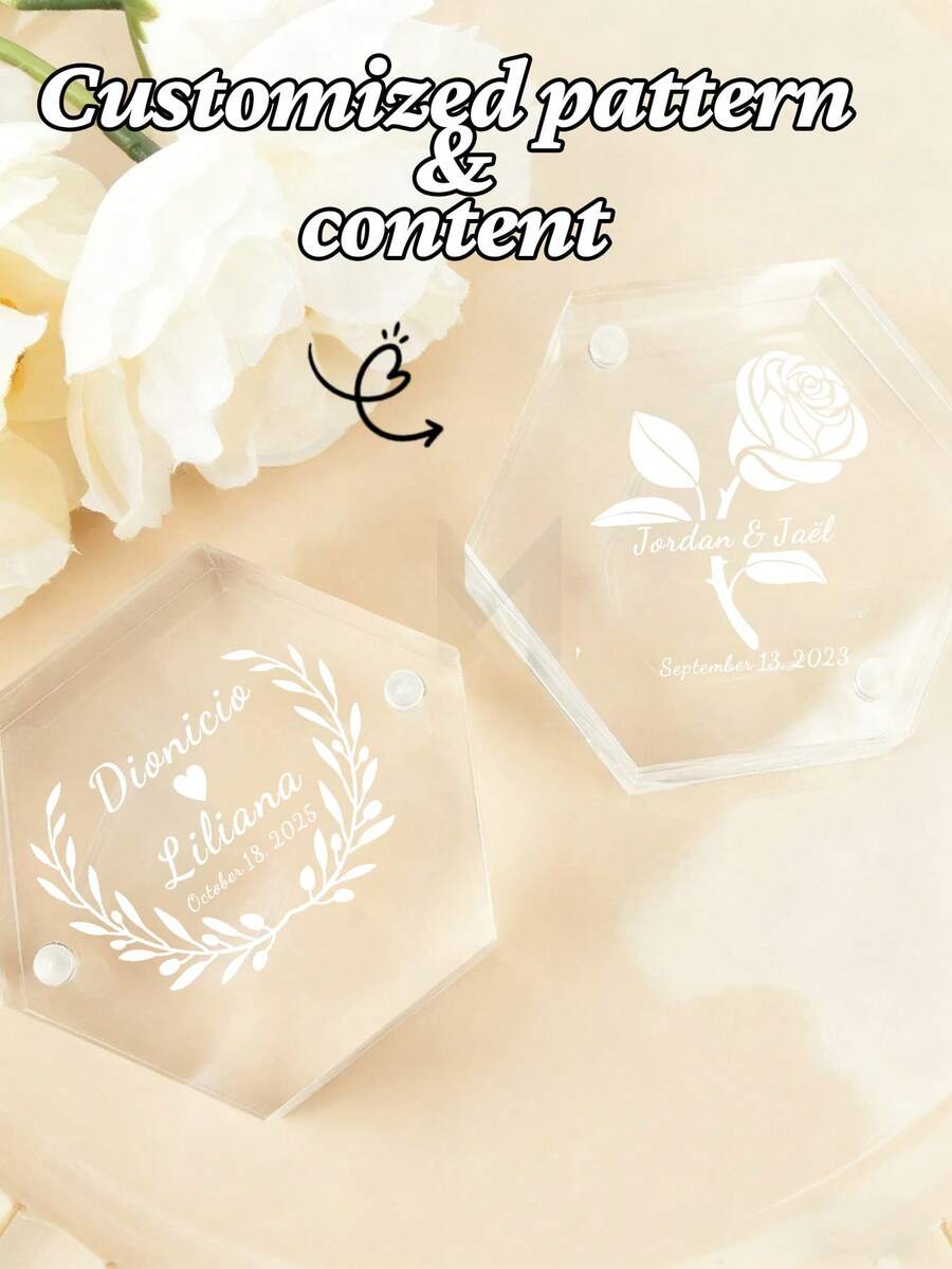 Customize 1pc Personalized Acrylic Wedding Ring Box, Customize Name And Date Pattern Ring Box, Heart-Shaped/Hexagonal Ring Box, New Wedding Gift, Wedding Party Gift, Bride Gift, Suitable For Him/Her, Boyfriend, Girlfriend, Couple, Wife, Husband, Anniversary, Wedding, Valentine's Day, Unique Gift - Multicolor - View 1