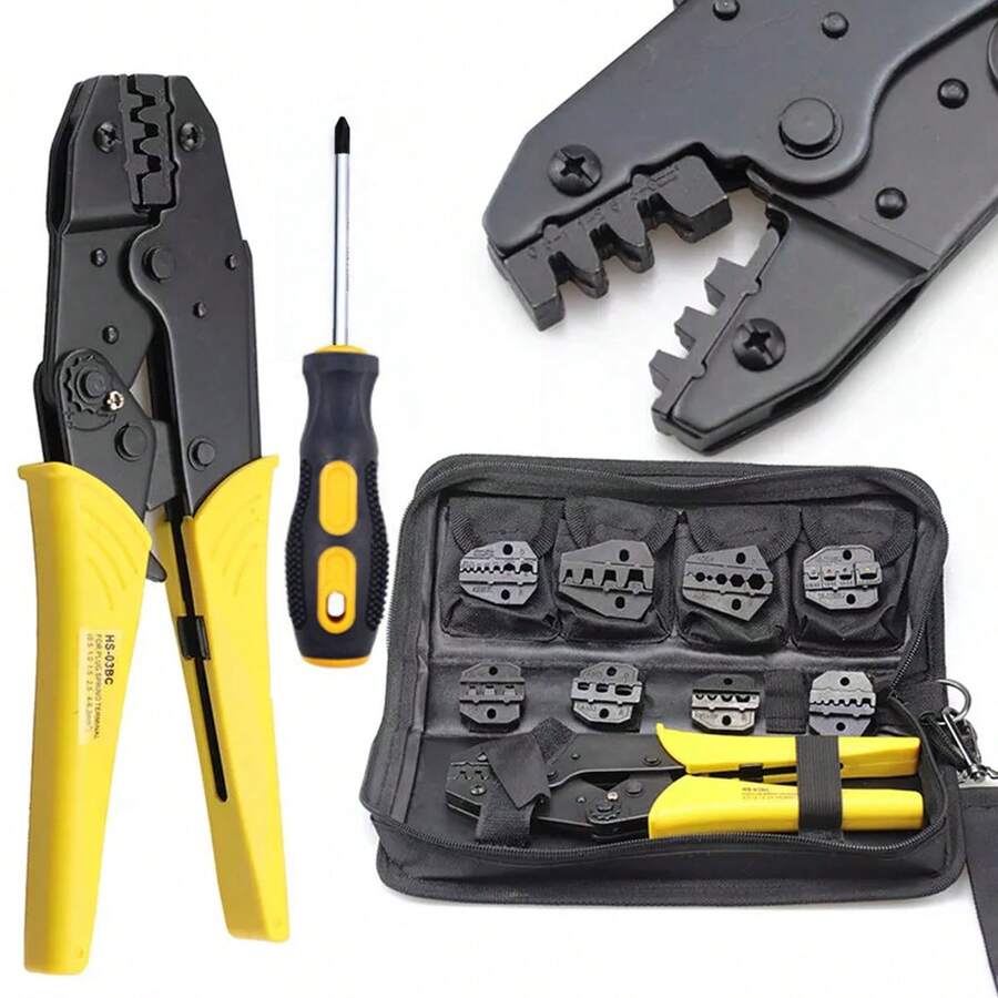 Ratchet Wire Crimping Set/ 8 Interchangeable Jaws Insulated And Non-Insulated Terminals , Wire Stripper Include,Exposed/Tubular/Coaxial Cable/Cap-Shaped/Insulated Terminal Connector Electrical Clip - màu đen - Xem 1