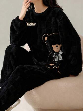 Cute Striped Pajamas , Bear Pattern Comfortable Wool Flannel Fleece Thick Warm Pajama Set , Women's Polyester Sleepwear Top And Pants, Suitable For New Year , Long Sleeve Round Neck Top & Pants Homewear 2-Pieces Set, Cozy Winter Clothes, Fluffy