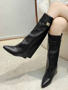 Pointed Toe Shark Mouth Thigh High Boots For Women, Slim Fit, 2025 Summer New Fashion European And American Style Locking Tube Boots