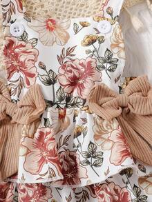 3pcs Baby Girls Christmas Outfit Set: Long Sleeve "My 1st Christmas" Printed Romper With Ruffle Collar, Santa Claus Print Pinafore Dress With Bow Decor, And Bow Headband. Suitable For Christmas Wear - Camel - View 8