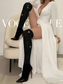 Meias femininas de veludo até a coxa com strass brilhantes – Estilo atraente, sexy e fofo – Meias macias, confortáveis, quentes e duráveis – Perfeitas para uso diário, trabalho, encontros ou festas – Meias-calças da moda de alta qualidade – VOGEL VERE - Preto - Ver 5