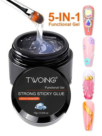 TWOING 15克强力指甲胶，免擦拭凝胶，适用于树脂、珠宝粘合工具、亚克力假指甲贴片凝胶，适用于美甲沙龙、家庭、美甲设计、DIY，需使用UV/LED灯固化