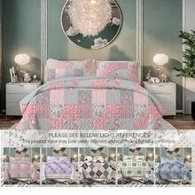 3 Pieces Full/Queen/King Size Aesthetic Quilt Set, Machine Washable Cozy Bedding Coverlet, Brushed Microfiber Quilt Cover, Cozy Quilted Blanket Bedding Sets With Pillow Shams, Embroidery Thin Comforter, 2 Pieces Twin Quilt Set - 粉色 - 查看 1