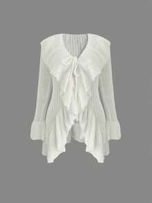 Cardigan Rajut Wanita Kasual Elegan Sehari-hari Serbaguna Warna Polos Leher V Lengan Lebar Pinggang Depan Ruffle Lengan Panjang Desain Ruffle, Putih Musim Gugur/Dingin - Putih - View 5