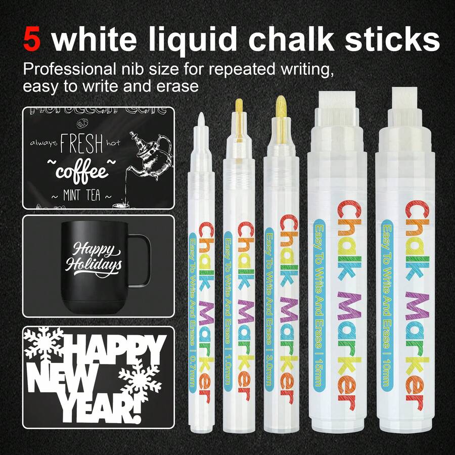 White Chalk Marker 5 Packs White Water-Based Dust-Free Liquid Chalk For Advertising And Graffiti, Blackboard Chalk Set 5 Different Tip Size Different Using For Teacher Coffee Shop