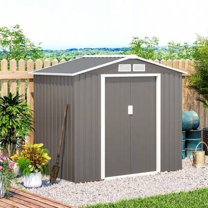 7ft X 4ft Lockable Garden Metal Storage Shed Storage Roofed Tool Metal Shed W/ Air Vents Steel Grey