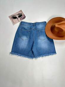 Washed Denim Non-Stretch Bermuda Shorts With Pockets, Casual Straight Leg Style, Women's - Medium Wash - View 6