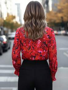 Elegant Women's Red Floral Button Down Blouse Regular Sleeve Regular Length Non-Stretch Fabric Top For Everyday Wear - Red - View 4