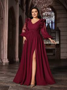 Đầm dạ hội maxi chiffon họa tiết hoa dành cho nữ cỡ lớn, thanh lịch, thích hợp cho các bữa tiệc, trang trọng, màu trơn, cổ chữ V sâu, tay dài, xẻ tà, thích hợp cho đám cưới, mùa xuân. - Màu Đỏ Sâu - Xem 3