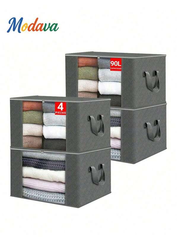 Juego de 4 piezas de caja de almacenamiento de bolsa de almacenamiento plegable grande, bolsa de almacenamiento de ropa y juguetes, bolsa de almacenamiento de ropa plegable a prueba de polvo, almacenamiento de mantas de edredón, la mejor opción para ahorrar espacio