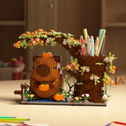 Best Seller 1880pcs Large Building Block Desk Organizer - Capybara Animal-Themed With Opening Doors, Tabletop Storage For Office, Crafts, Birthday Gifts - Compatible With Major Building Blocks - Decorative Pen Holder & Organizer For Adults & - Birthday Party Decoration - Challenging Assembly For Display Or Functional Use - Adorable Capybara Design With  Greenery & Flowers - Multi-Functional For Stationery & Cosmetics - Durable & Stable Base, Office Organization, Premium Material,