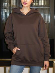 DOUCIU Solid Color Pullover Hoodie, Sheer Fashion Sweatshirt, Casual Streetwear - Brown - View 6
